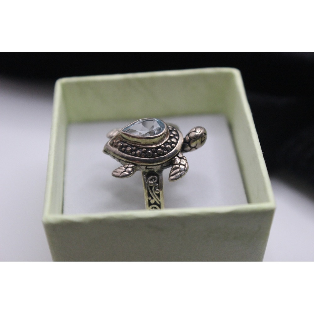 Sterling Silver 925 Sea Turtle Ring Likely Blue Topaz  VTG Style Size 8.5